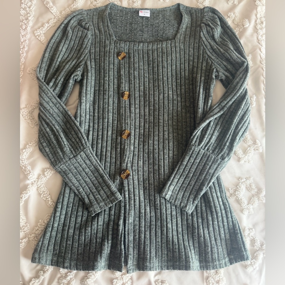 Gray Ribbed Button-Up Sweater
